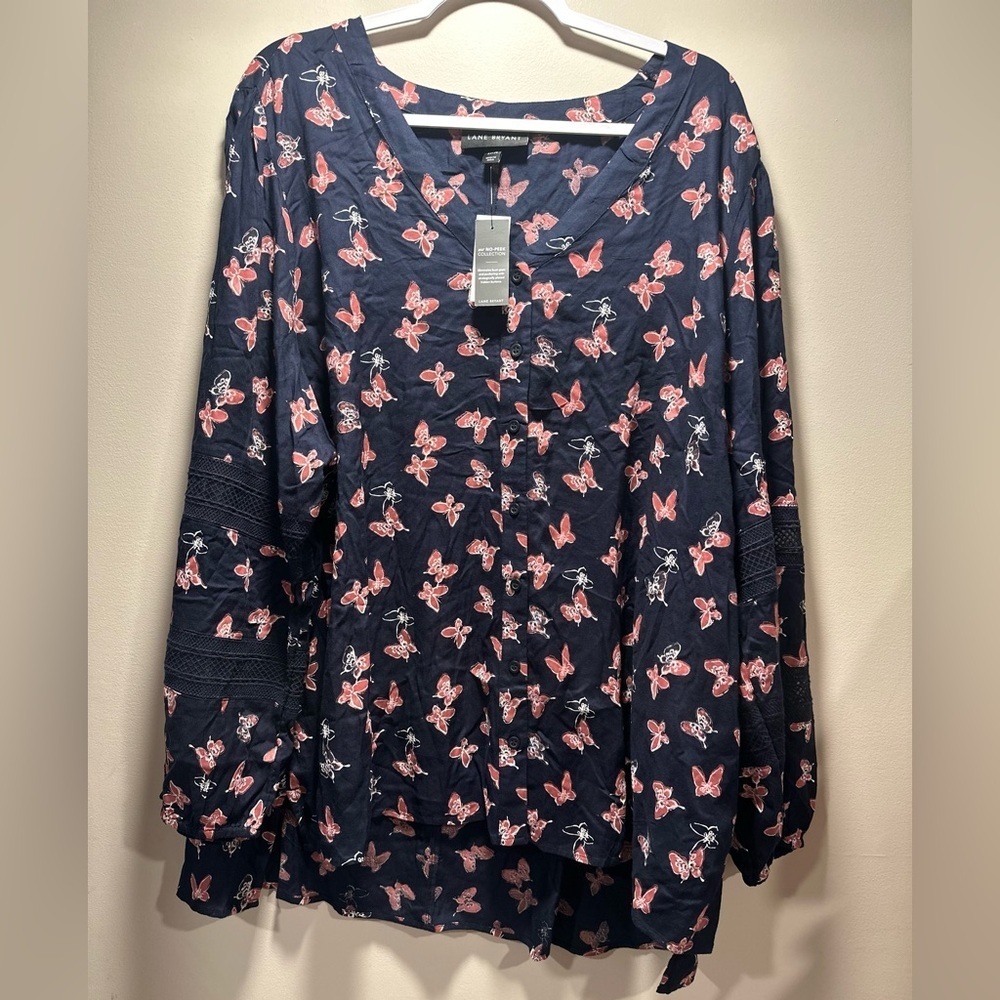 Lane Bryant NoPeek ButtonFront Lace Trimmed Top LongSleeve Inky Butterfly 22/24 - Picture 5 of 15